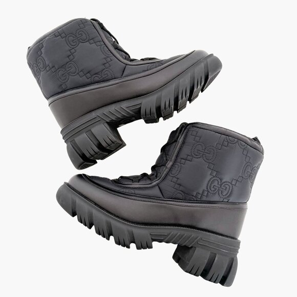 Gucci Romance GG Quilted Snow Boot EU 42 US 12 Black Nylon Leather Puffer Combat - Picture 7 of 16